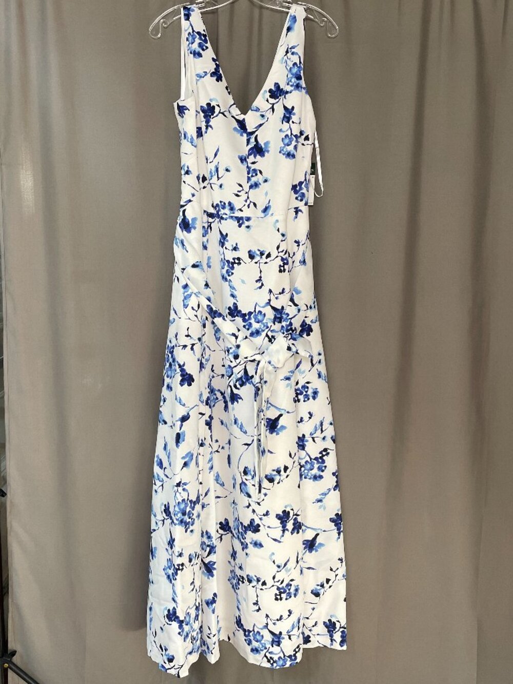 NWT Lauren Ralph Lauren Blue White Watercolor Floral Maxi Dress Gown 16